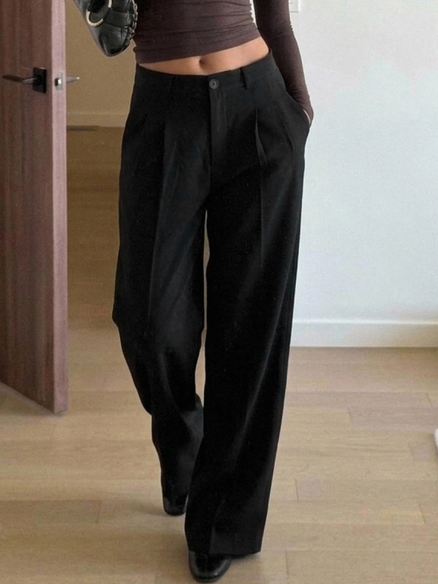 DAZY Women's Solid Color Pleated Straight Leg Loose Casual Long Pants Autumn Work Office Black - Black - View 1