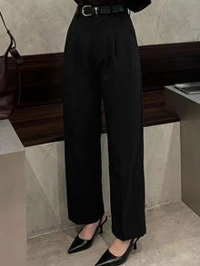 DAZY Women's Solid Color Pleated Straight Leg Loose Casual Long Pants Autumn Work Office Black - Black - View 2