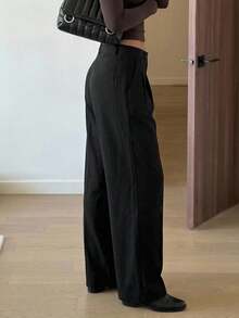 DAZY Women's Solid Color Pleated Straight Leg Loose Casual Long Pants Autumn Work Office Black - Black - View 4