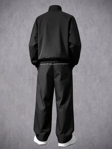 Manfinity Denimwave Men's Contrast Trim Sports Set, Black Woven Zipper Jacket And Wide Leg Pants, Loose Fit, Suitable For Hip-Hop Streetwear And Casual Gatherings - Black - View 2