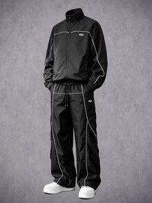 Manfinity Denimwave Men's Contrast Trim Sports Set, Black Woven Zipper Jacket And Wide Leg Pants, Loose Fit, Suitable For Hip-Hop Streetwear And Casual Gatherings - Black - View 1