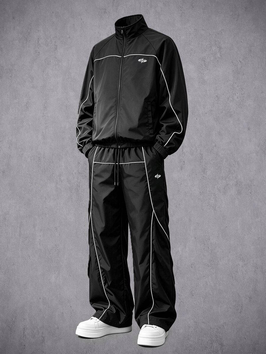 Manfinity Denimwave Men's Contrast Trim Sports Set, Black Woven Zipper Jacket And Wide Leg Pants, Loose Fit, Suitable For Hip-Hop Streetwear And Casual Gatherings - Black - View 1