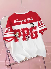THE POWERPUFF GIRLS X SHEIN Plus Size Women's Cartoon Print Casual 90s Daily Graduation Vacation Short Sleeve T-Shirt Red And White Summer - White - View 2