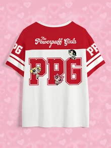 THE POWERPUFF GIRLS X SHEIN Plus Size Women's Cartoon Print Casual 90s Daily Graduation Vacation Short Sleeve T-Shirt Red And White Summer - White - View 8