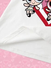 THE POWERPUFF GIRLS X SHEIN Plus Size Women's Cartoon Print Casual 90s Daily Graduation Vacation Short Sleeve T-Shirt Red And White Summer - White - View 5