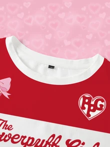 THE POWERPUFF GIRLS X SHEIN Plus Size Women's Cartoon Print Casual 90s Daily Graduation Vacation Short Sleeve T-Shirt Red And White Summer - White - View 3