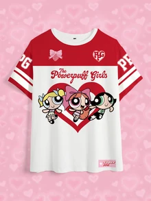 THE POWERPUFF GIRLS X SHEIN Plus Size Women's Cartoon Print Casual 90s Daily Graduation Vacation Short Sleeve T-Shirt Red And White Summer - White - View 7