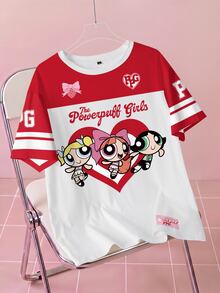 THE POWERPUFF GIRLS X SHEIN Plus Size Women's Cartoon Print Casual 90s Daily Graduation Vacation Short Sleeve T-Shirt Red And White Summer - White - View 1