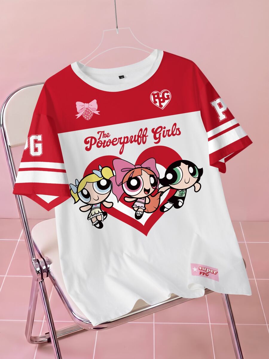 THE POWERPUFF GIRLS X SHEIN Plus Size Women's Cartoon Print Casual 90s Daily Graduation Vacation Short Sleeve T-Shirt Red And White Summer - White - View 1