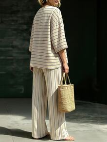 Linhara CURVE Plus Size Women's Autumn Casual Apricot Striped V-Neck 3/4 Sleeve Top & Wide Leg Pants Slimming 2-Piece Set - Apricot - View 2