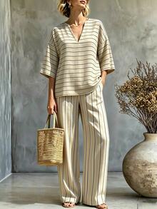 Linhara CURVE Plus Size Women's Autumn Casual Apricot Striped V-Neck 3/4 Sleeve Top & Wide Leg Pants Slimming 2-Piece Set - Apricot - View 1