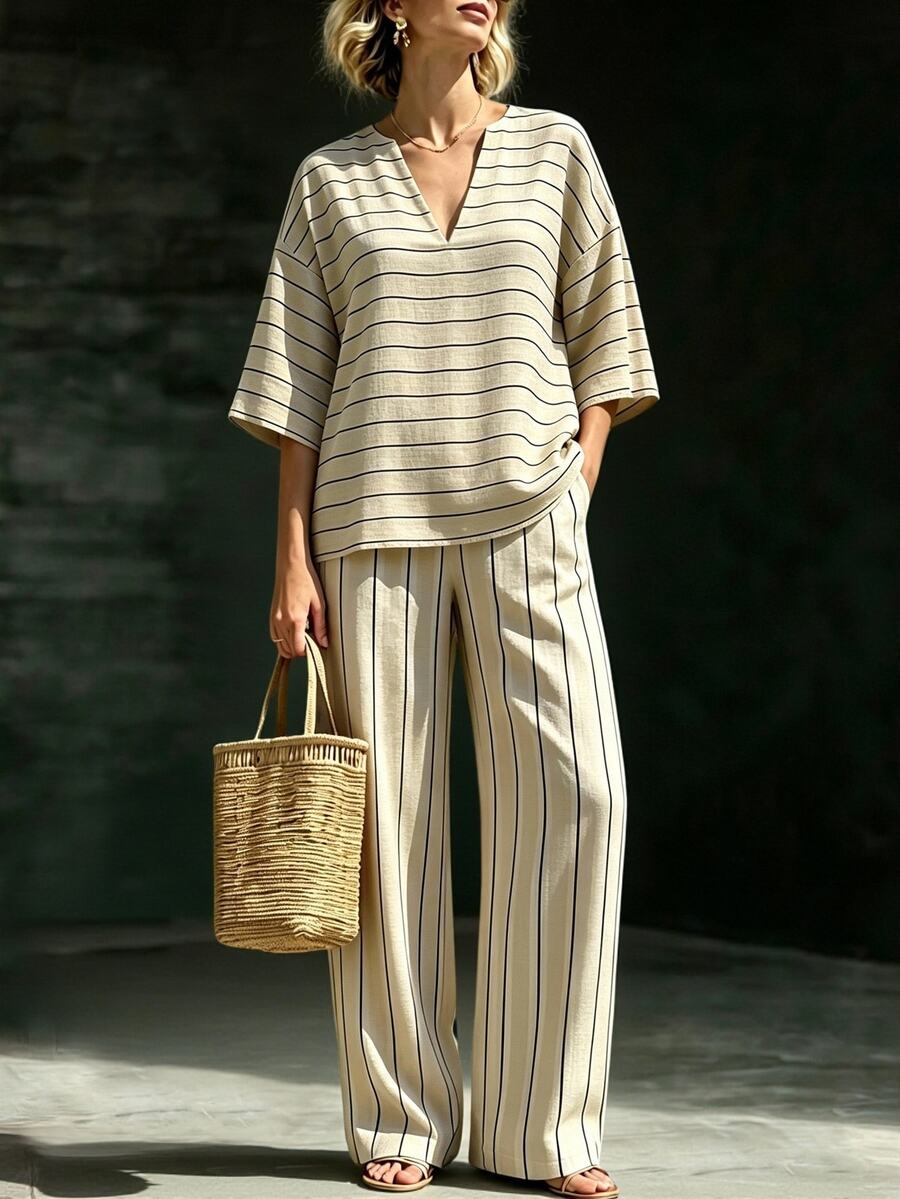 Linhara CURVE Plus Size Women's Summer Casual Cargo Beige Striped V-Neck 3/4 Sleeve Top Wide Leg Pants Slimming 2 Pieces Set Vacation - Apricot - View 1