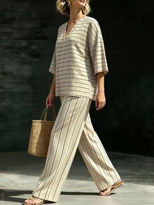 Linhara CURVE Plus Size Women's Autumn Casual Apricot Striped V-Neck 3/4 Sleeve Top & Wide Leg Pants Slimming 2-Piece Set - Apricot - View 4