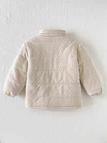 SHEIN Playful Pals 1件小男孩加厚夾棉外套 可愛米色卡其色菱格紋絎縫口袋長袖立領厚款戶外冬季保暖拉鍊式彈性袖口 - 卡其色 - 查看 2