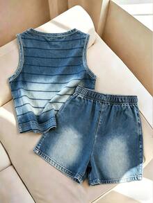 Franclia Casual Fashion Versatile Plus Size Women's Denim Effect Print Tank Top And Shorts 2 Pieces Set - Multicolor - View 2