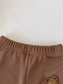 SHEIN Playful Pals 2件組新生兒男嬰女嬰棒球夾克慢跑褲套裝，復古棕杏色 3D熊貼布條紋羅紋長袖立領常規版派對秋季保暖套裝 - 棕色 - 查看 6