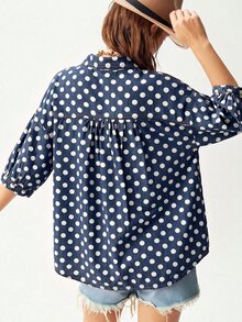 Bohemela 休閒牛仔波點短袖寬鬆水洗女款襯衫 - 深色水洗藍 - 查看 2
