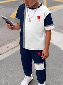 Tween Boy Casual Comfortable Fashion Minimalist Crew Neck Short Sleeve T-Shirt And Long Pants Set, Classic Retro Color Block Patchwork Pattern Print, Exquisite Knight Small Logo Print, Suitable For Autumn/Winter, Suitable For School, Suitable For Back To School Season - Multicolor - View 2