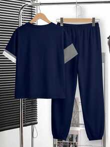 Tween Boy Casual Comfortable Fashion Minimalist Crew Neck Short Sleeve T-Shirt And Long Pants Set, Classic Retro Color Block Patchwork Pattern Print, Exquisite Knight Small Logo Print, Suitable For Autumn/Winter, Suitable For School, Suitable For Back To School Season - Multicolor - View 4