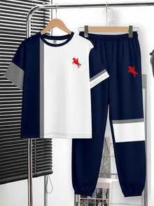 Tween Boy Casual Comfortable Fashion Minimalist Crew Neck Short Sleeve T-Shirt And Long Pants Set, Classic Retro Color Block Patchwork Pattern Print, Exquisite Knight Small Logo Print, Suitable For Autumn/Winter, Suitable For School, Suitable For Back To School Season - Multicolor - View 3