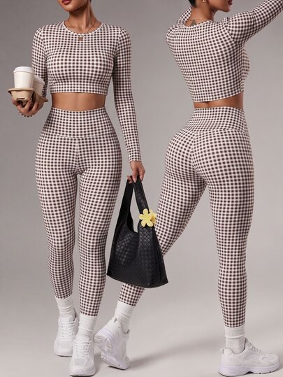 Dewbera Dewbera Women's Round Neck Plaid Long Sleeve Top And High Waist Leggings Casual Daily Sports Set