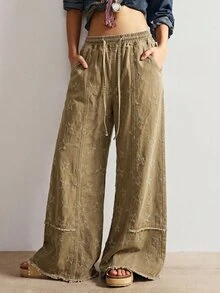 Bohemela Casual Solid Color Woven Loose Wide Leg Women's Pants - Coffee Brown - View 9