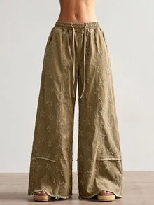 Bohemela Casual Solid Color Woven Loose Wide Leg Women's Pants - Coffee Brown - View 3