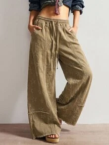 Bohemela Casual Solid Color Woven Loose Wide Leg Women's Pants - Coffee Brown - View 7