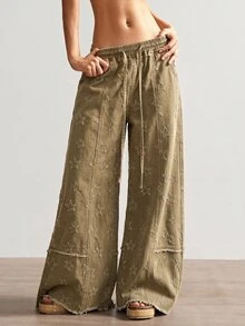 Bohemela Casual Solid Color Woven Loose Wide Leg Women's Pants - Coffee Brown - View 6