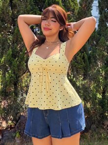 Muchica 休閒極簡風可愛黃底黑波點印花抽繩背心，戶外穿著、度假休閒、夏季可愛大尺碼背心上衣 - 彩色 - 查看 6