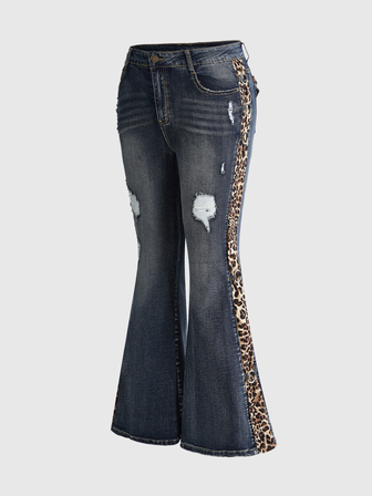 Y2K Shibuya Gyaru Millennium Hot Girl Jeans mit niedriger Taille, Leopard Muster, seitlichem Patchwork, Vintage-Denim in Blau, distressed und zerrissenem Design, Große Größen