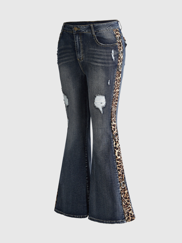 ROMWE Y2K Shibuya Gyaru Millennium Hot Girl Low Waist Leopard Print Side Patchwork Vintage Denim Blue Distressed Ripped Design Plus Size Jeans