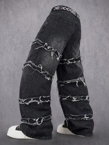 Manfinity Denimwave 男士深色哥德風毛邊流蘇拼接寬鬆寬腿牛仔褲街頭丹寧長褲 - 黑色 - 查看 4