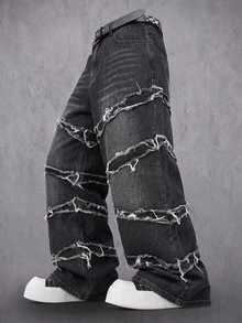 Manfinity Denimwave 男士深色哥德風毛邊流蘇拼接寬鬆寬腿牛仔褲街頭丹寧長褲 - 黑色 - 查看 3
