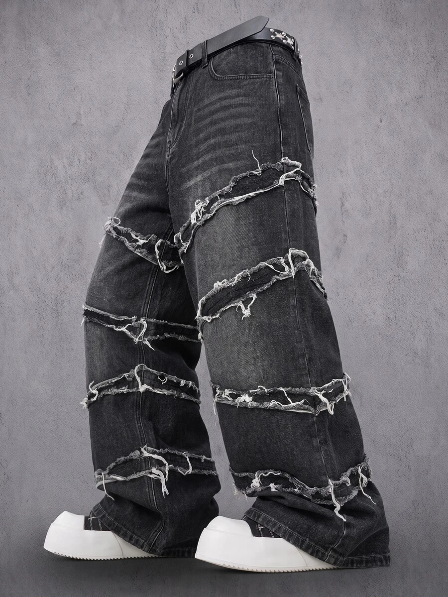 Manfinity Denimwave 男士深色哥德風 80 年代搖滾風毛邊流蘇拼接寬鬆寬腿牛仔褲 街頭丹寧長褲 演唱會派對穿搭 深灰色 秋季 - 黑色 - 查看 1