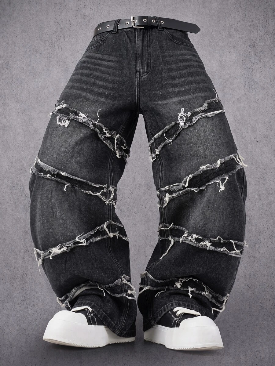 Manfinity Denimwave 男士深色哥德風毛邊流蘇拼接寬鬆寬腿牛仔褲街頭丹寧長褲 - 黑色 - 查看 1