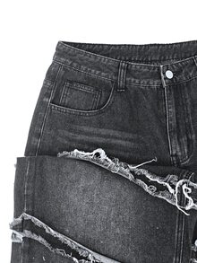 Manfinity Denimwave 男士深色哥德風毛邊流蘇拼接寬鬆寬腿牛仔褲街頭丹寧長褲 - 黑色 - 查看 6