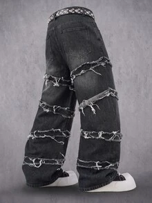 Manfinity Denimwave 男士深色哥德風毛邊流蘇拼接寬鬆寬腿牛仔褲街頭丹寧長褲 - 黑色 - 查看 2