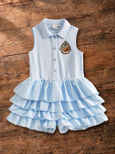 HARRY POTTER X SHEIN 1件趣味休閒學院風少女翻領無袖舒適洋裝