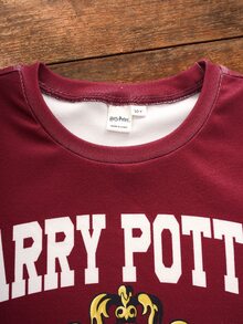 HARRY POTTER X SHEIN Tween Girl Letter Print Short Sleeve Top And Shorts Snug Fit Loungewear - Red - View 4