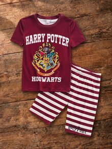 HARRY POTTER X SHEIN Tween Girl Letter Print Short Sleeve Top And Shorts Snug Fit Loungewear - Red - View 1