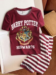 HARRY POTTER X SHEIN Tween Girl Letter Print Short Sleeve Top And Shorts Snug Fit Loungewear - Red - View 3