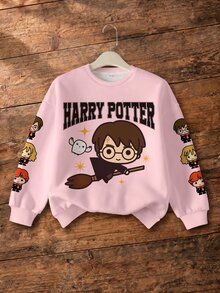 HARRY POTTER X SHEIN Tween Girl Autumn/Winter Cartoon Print Fleece Sweatshirt - White - View 1