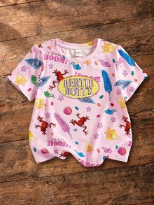 HARRY POTTER X SHEIN 女童圓領字母卡通印花休閒日常短袖T恤 - 粉色 - 查看 1