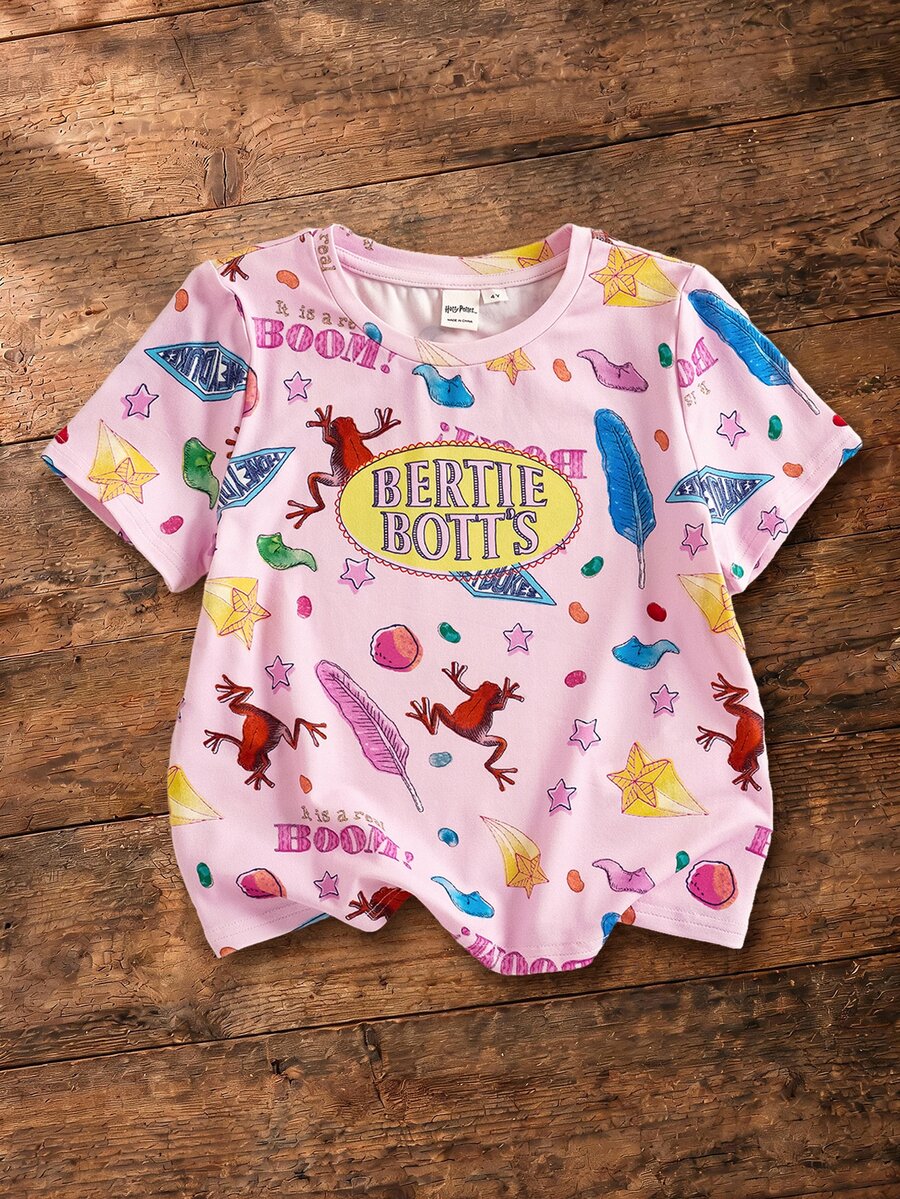 HARRY POTTER X SHEIN 女童圓領字母卡通印花休閒日常短袖T恤 - 粉色 - 查看 1