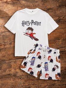 HARRY POTTER X SHEIN Men's Short Sleeve T-Shirt And Shorts Loungewear Set - White - View 1