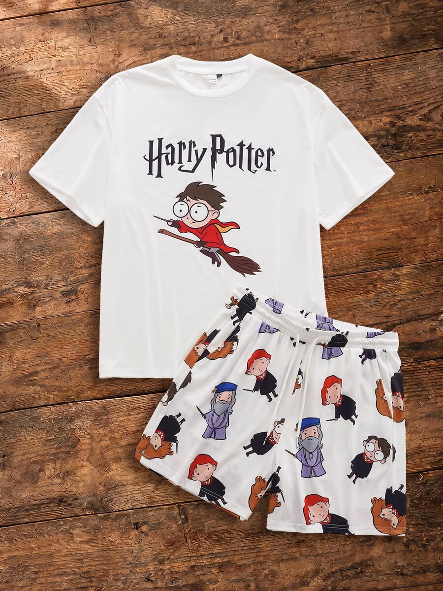 HARRY POTTER X SHEIN Men's Short Sleeve T-Shirt And Shorts Loungewear Set - White - View 1