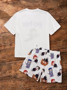 HARRY POTTER X SHEIN Men's Short Sleeve T-Shirt And Shorts Loungewear Set - White - View 2