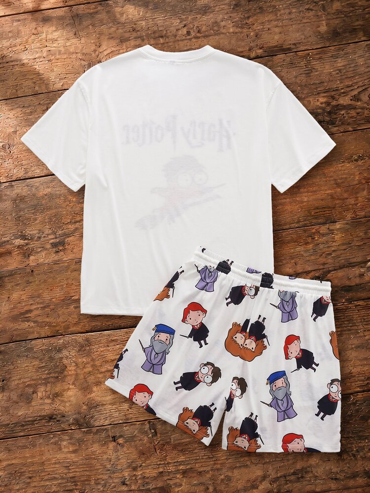 HARRY POTTER X SHEIN 男士短袖T恤與短褲居家休閒套裝 - 白色 - 查看 2
