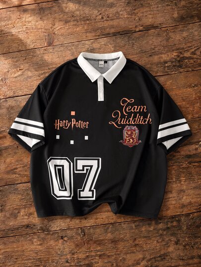 HARRY POTTER X SHEIN Men's Letter Print Short Sleeve Polo Shirt